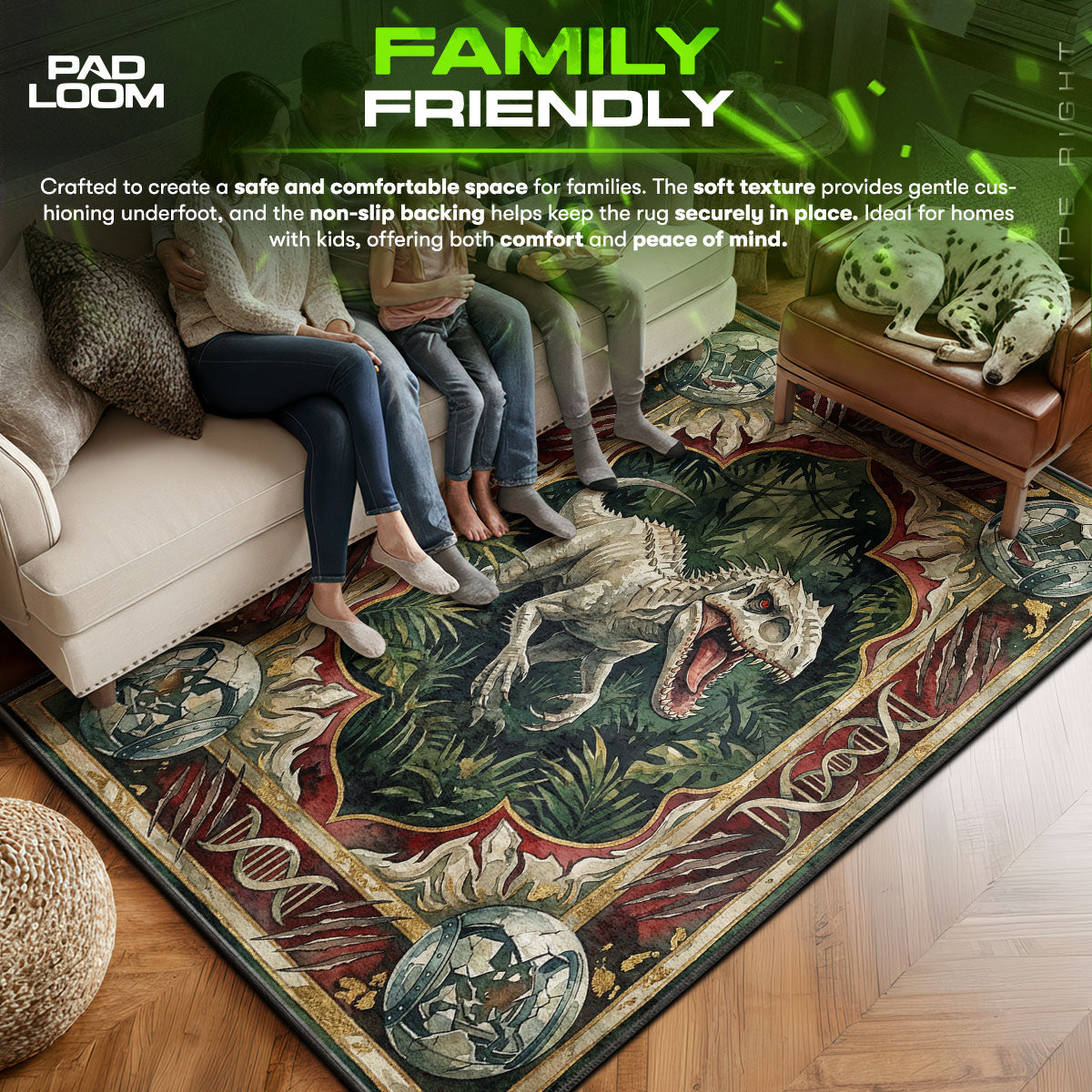 Indominus area rug showing full home decor artwork