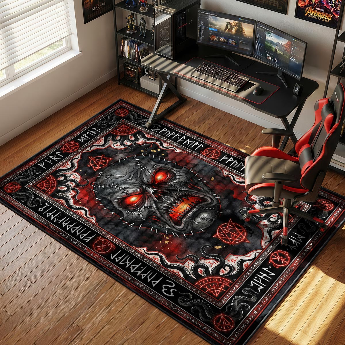 Infernal skull rug placed in a dark gaming room with red LED lighting and horror decor