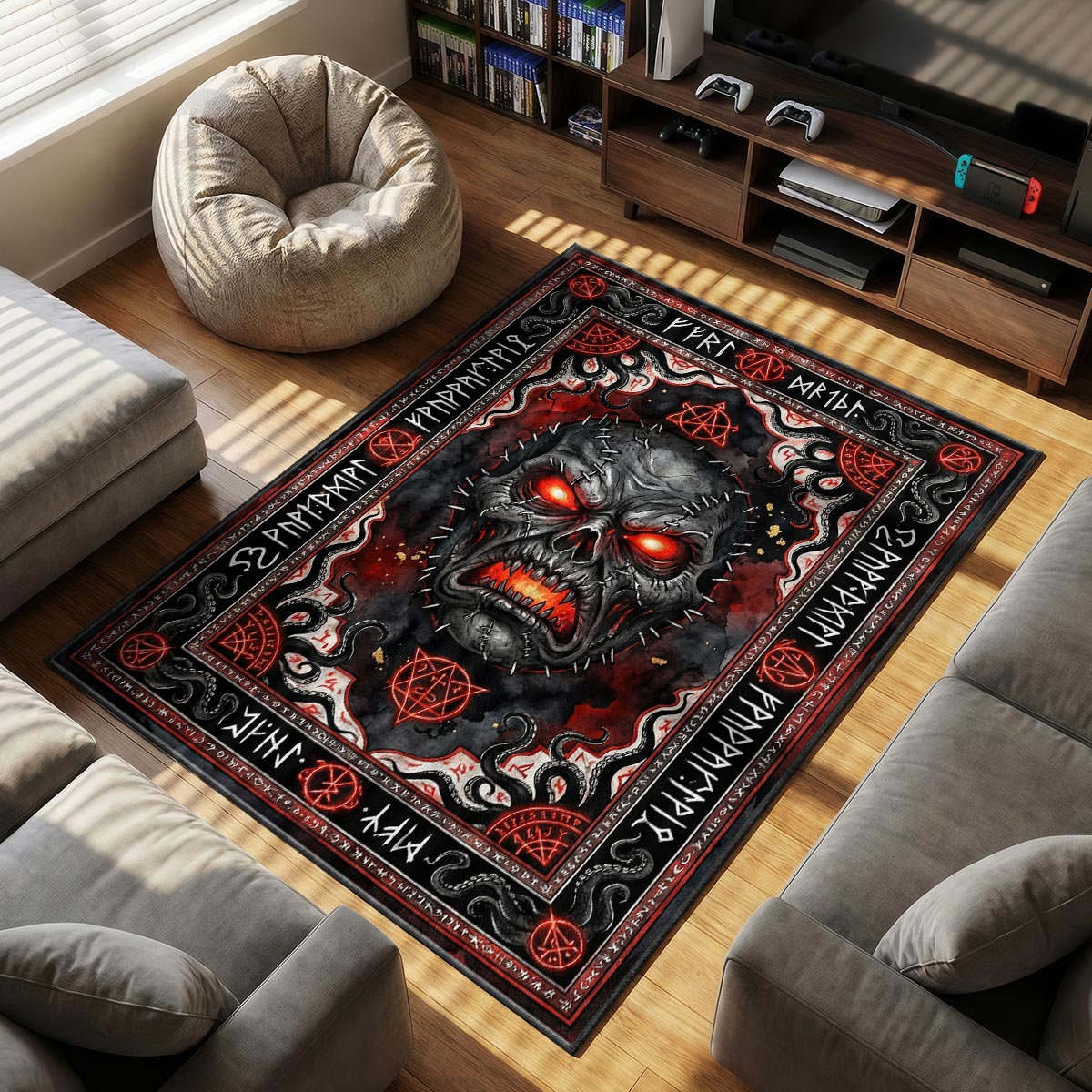 Close-up of infernal skull rug showing stitch detail and molten red glow on plush fiber