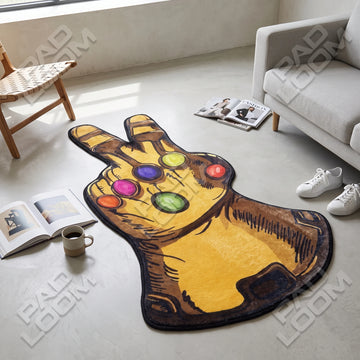 Infinity Gauntlet shaped area rug, die-cut gaming room rug