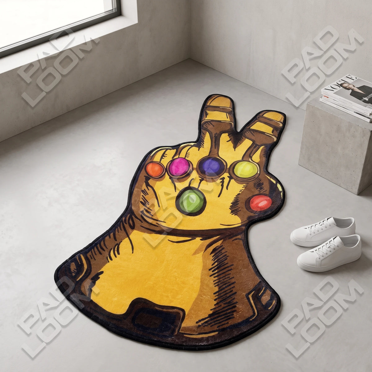 Infinity Gauntlet shaped rug shown in a room setting