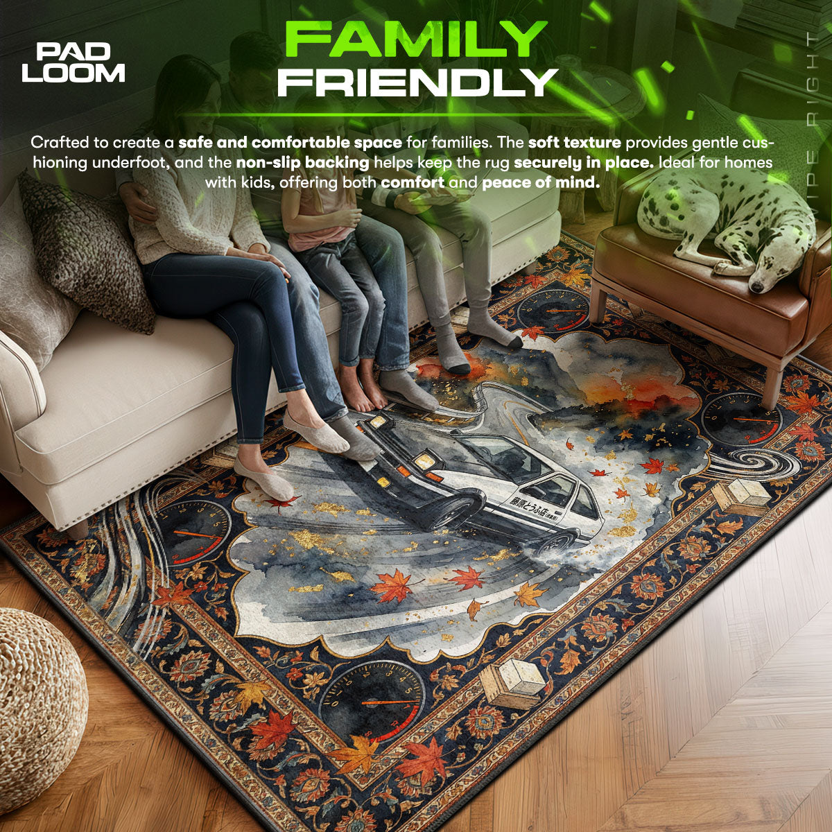 Initial area rug showing full home decor artwork