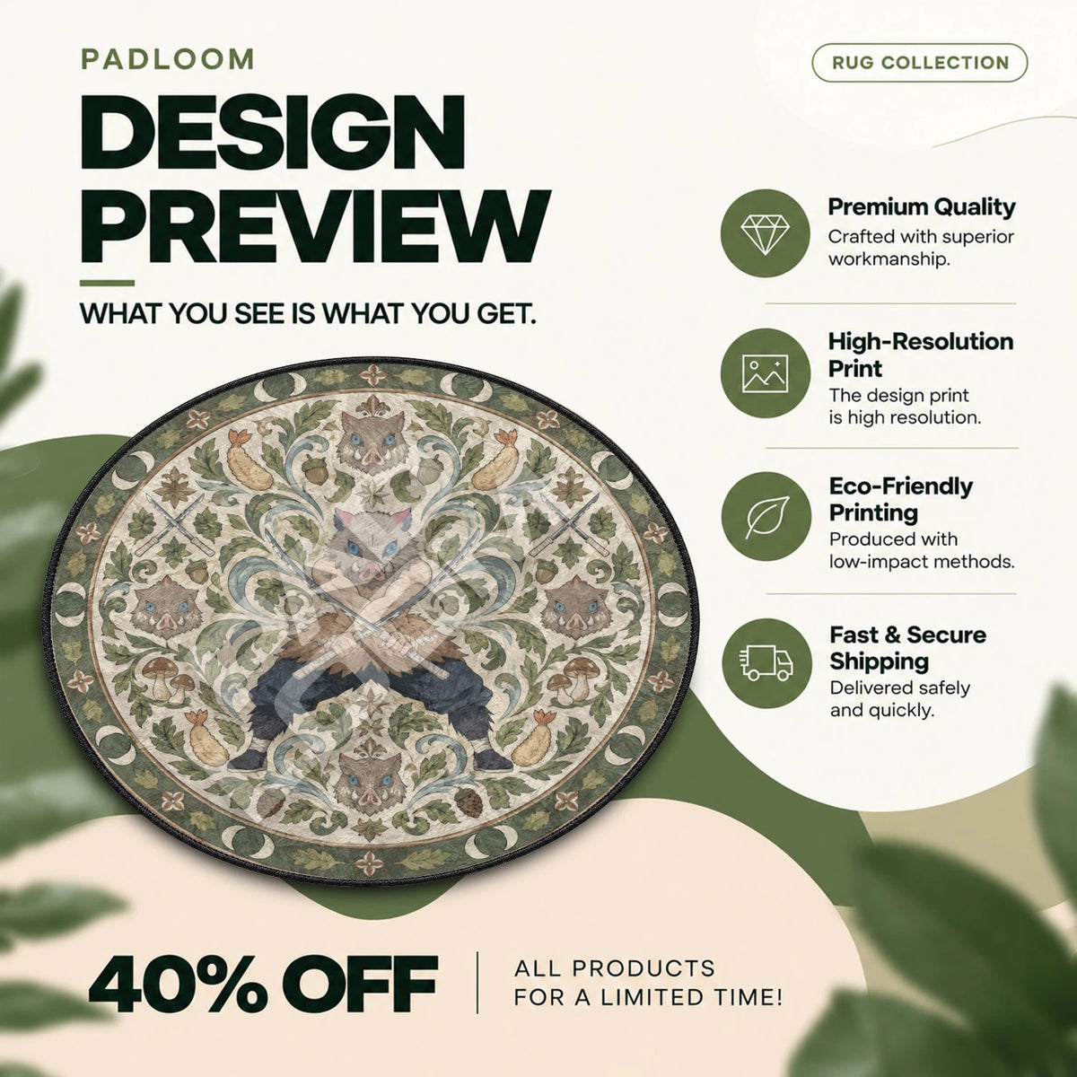 Inosuke Crossed Demon Slayer round rug full design preview
