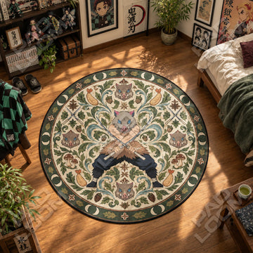 Inosuke Crossed Demon Slayer round rug on a bedroom floor - Demon Slayer chair mat