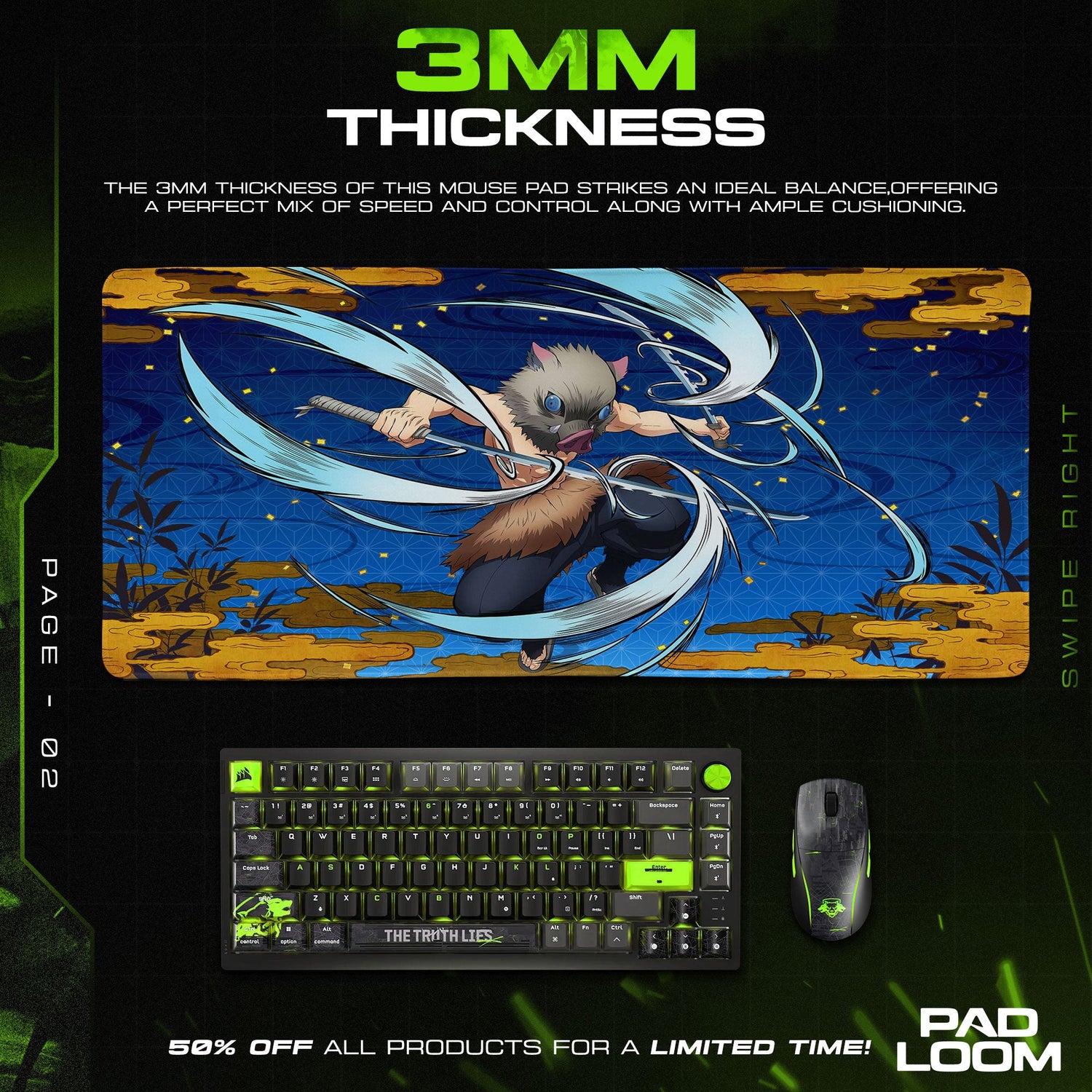 Inosuke Dual Fang Strike Mouse Pad, Demon Slayer Gaming Desk Mat Padloom