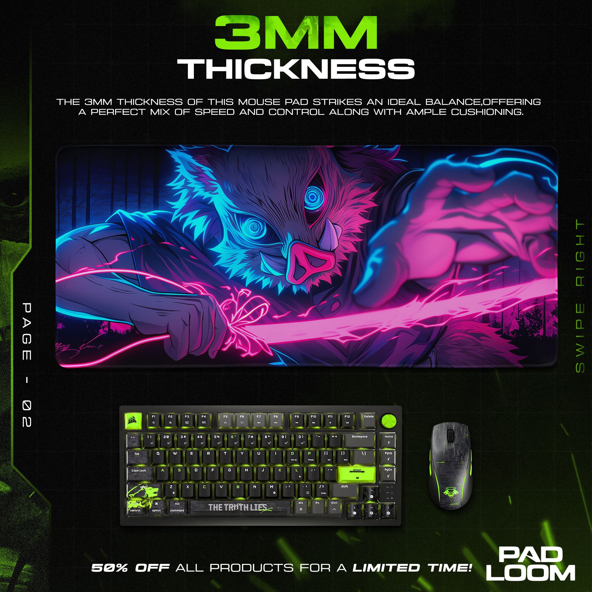 Inosuke Hashibira Neon Beast Mauspad, Anime Gaming Schreibtischmatte
