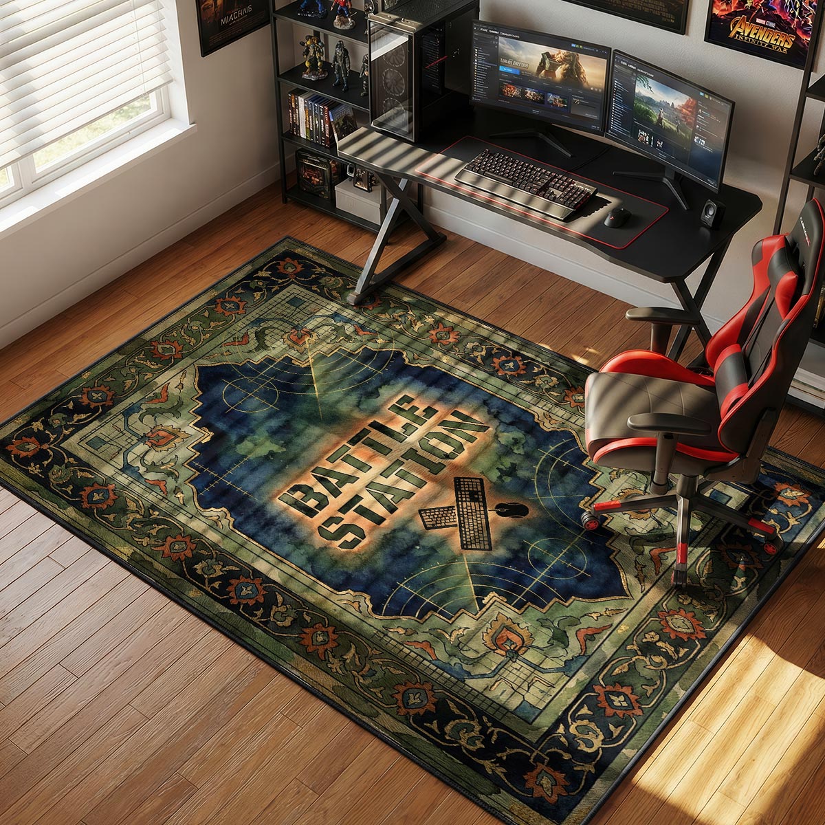 Insert Coin rug placed in a home arcade room with pinball machine and neon bar sign