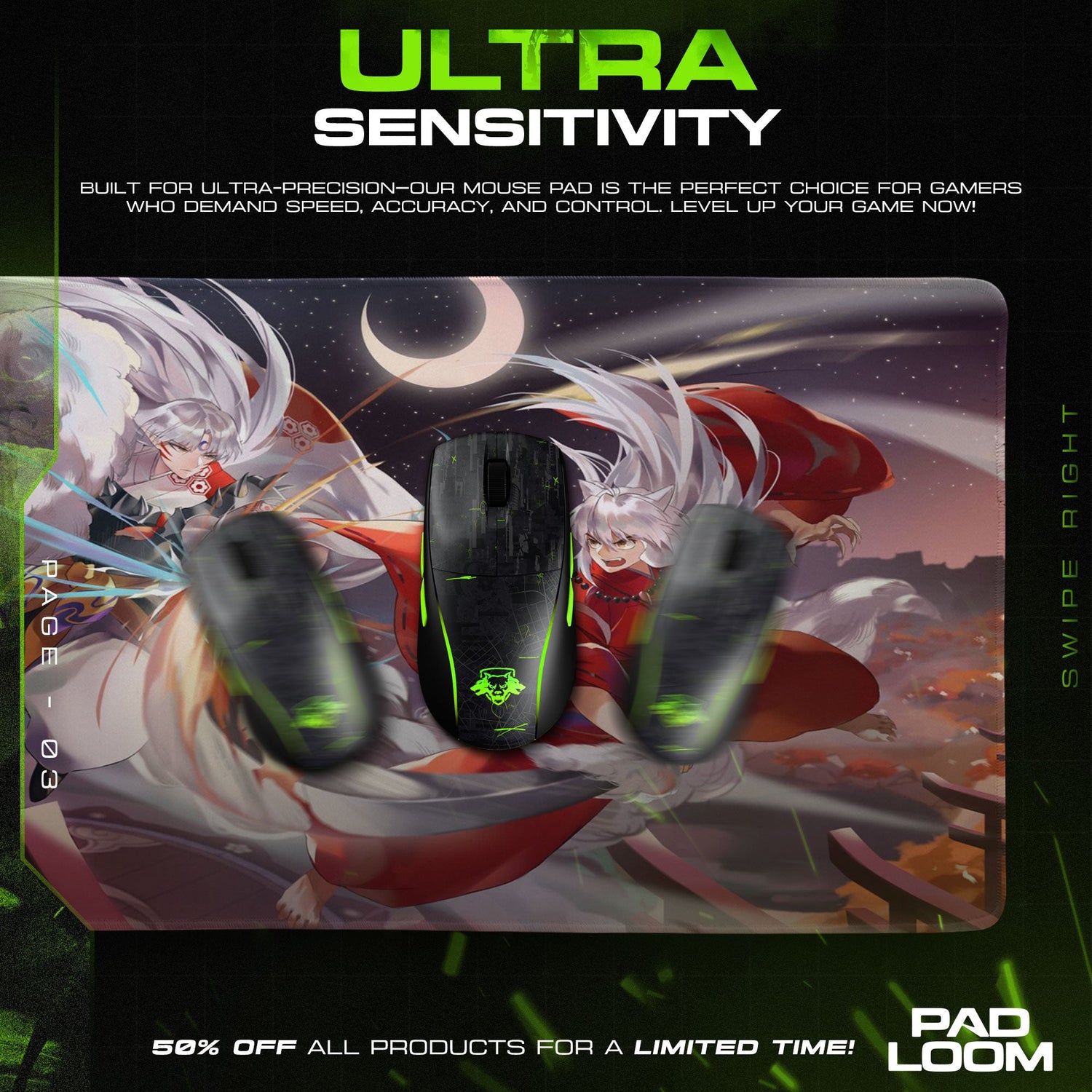 Inuyasha Moonlit Duel Mouse Pad, Anime Desk Mat Padloom