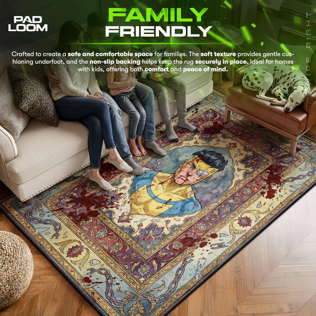 Invincible area rug showing full home decor artwork