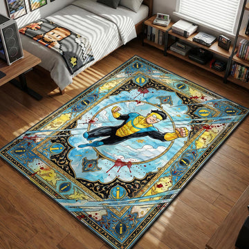 Mark Grayson Invincible flying with blood splatters and claw marks traditional Persian art style movie themed area rug and home theater mat