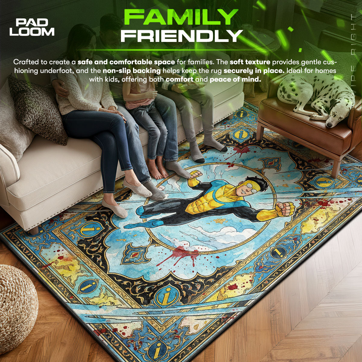Invincible area rug showing full home decor artwork