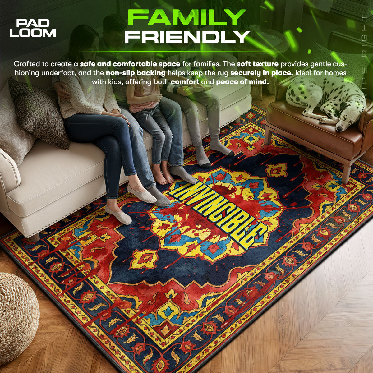 Invincible area rug showing full home decor artwork