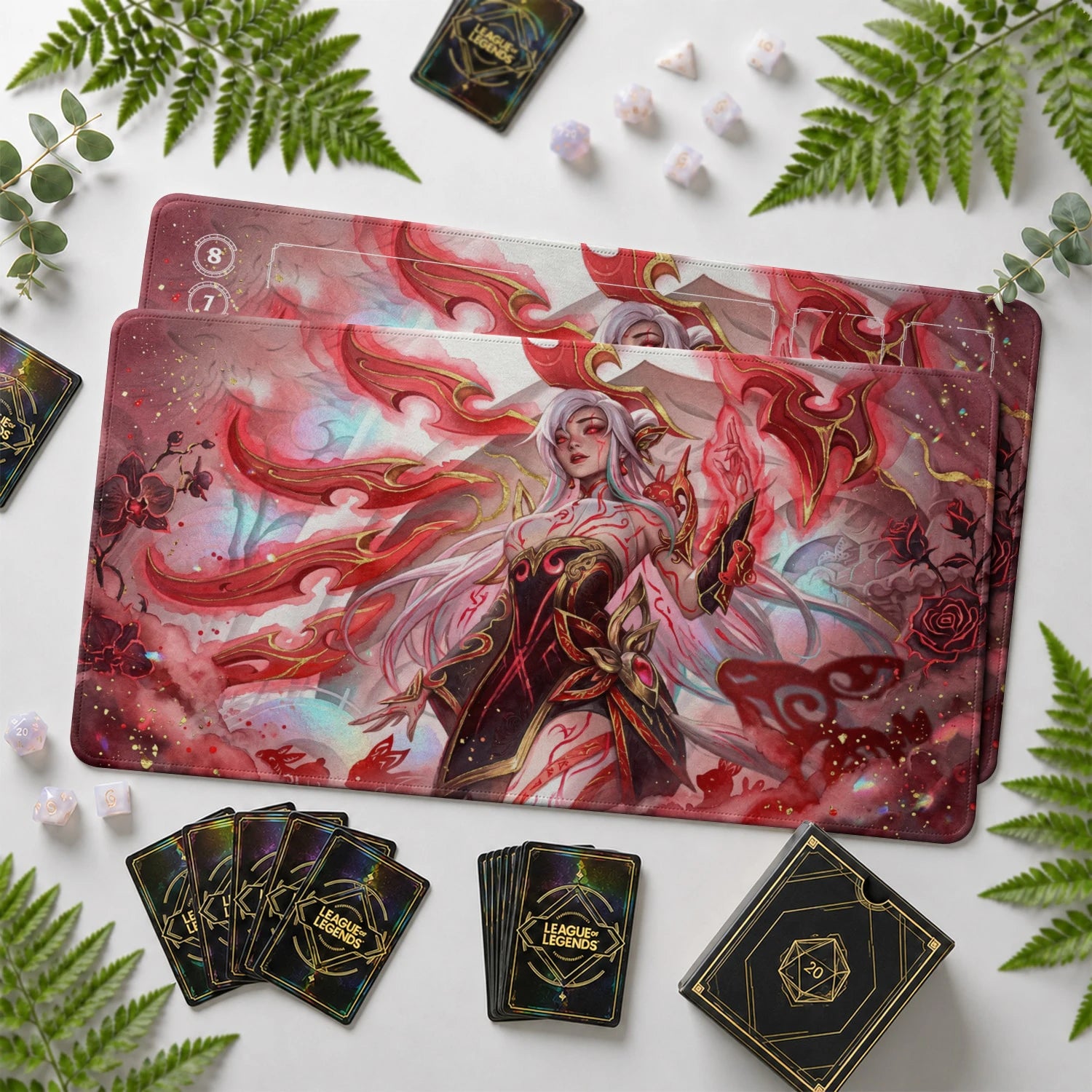 Irelia Bloodrose Riftbound TCG playmat with card zones and score track – LoL game mat