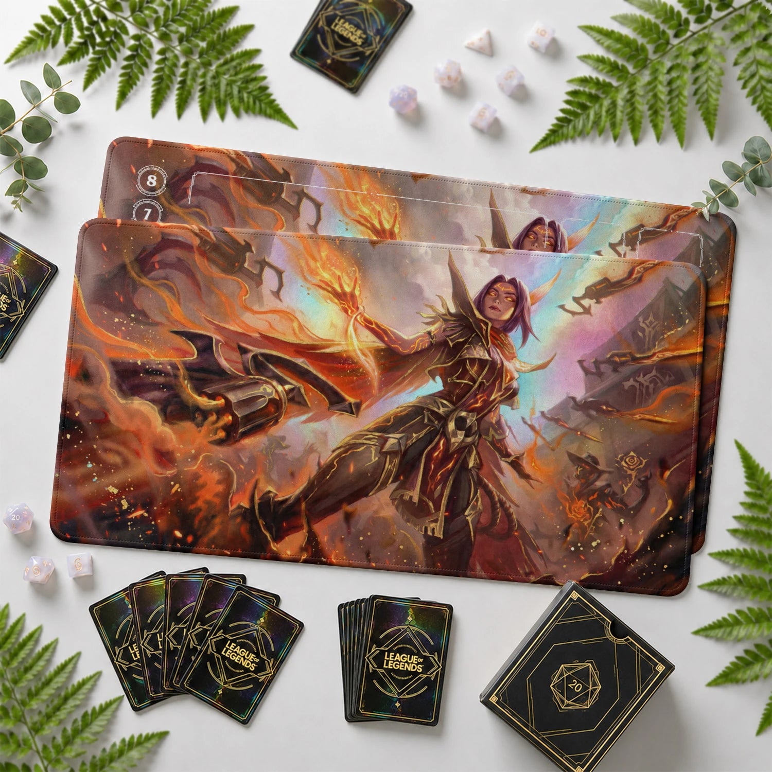Irelia Inferno Riftbound TCG playmat with card zones and score track – LoL game mat