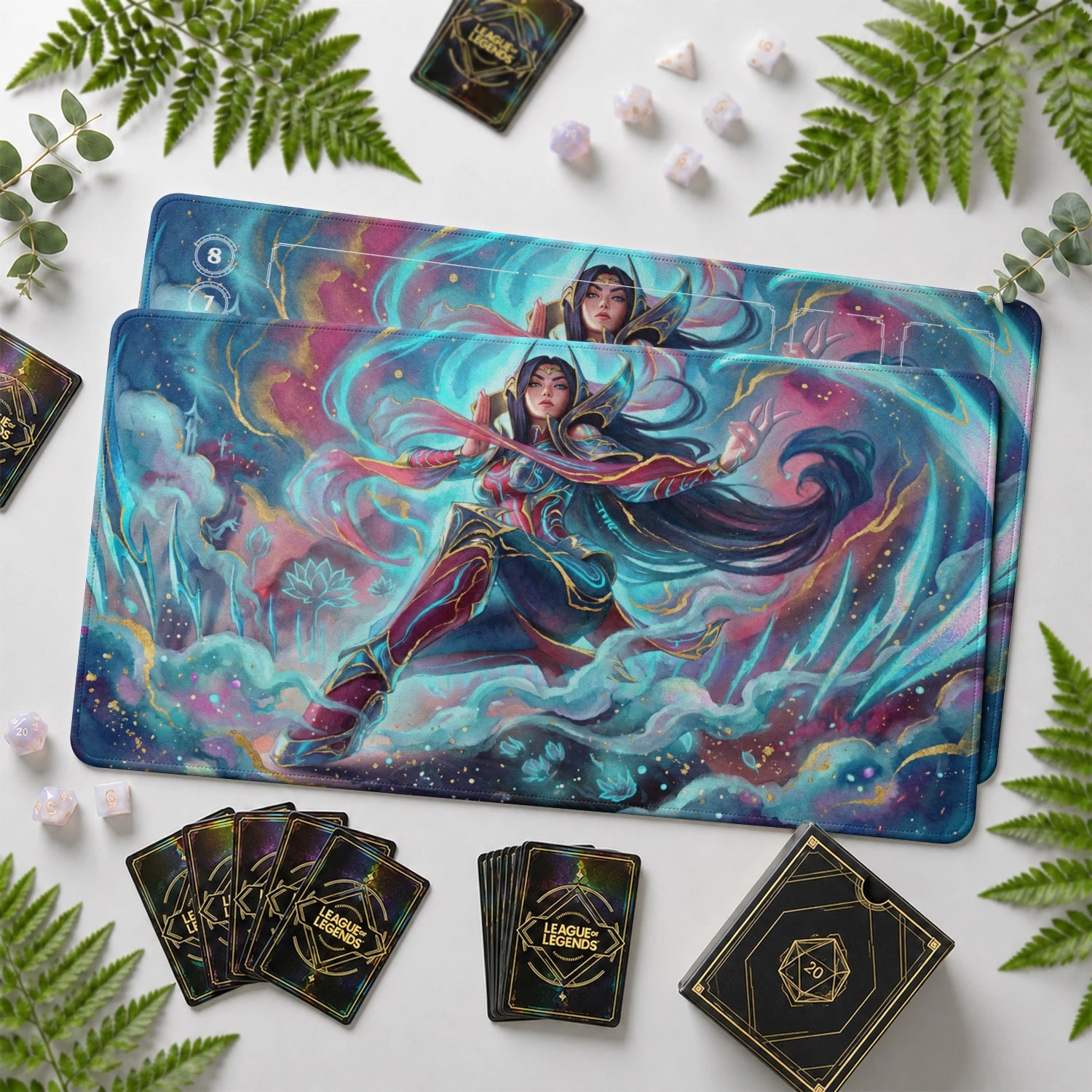 Irelia Lotus Riftbound TCG playmat with card zones and score track – LoL game mat