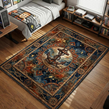 Rusty iron anchor centered on deep blue and copper nautical background with ship helm border gaming area rug and floor mat