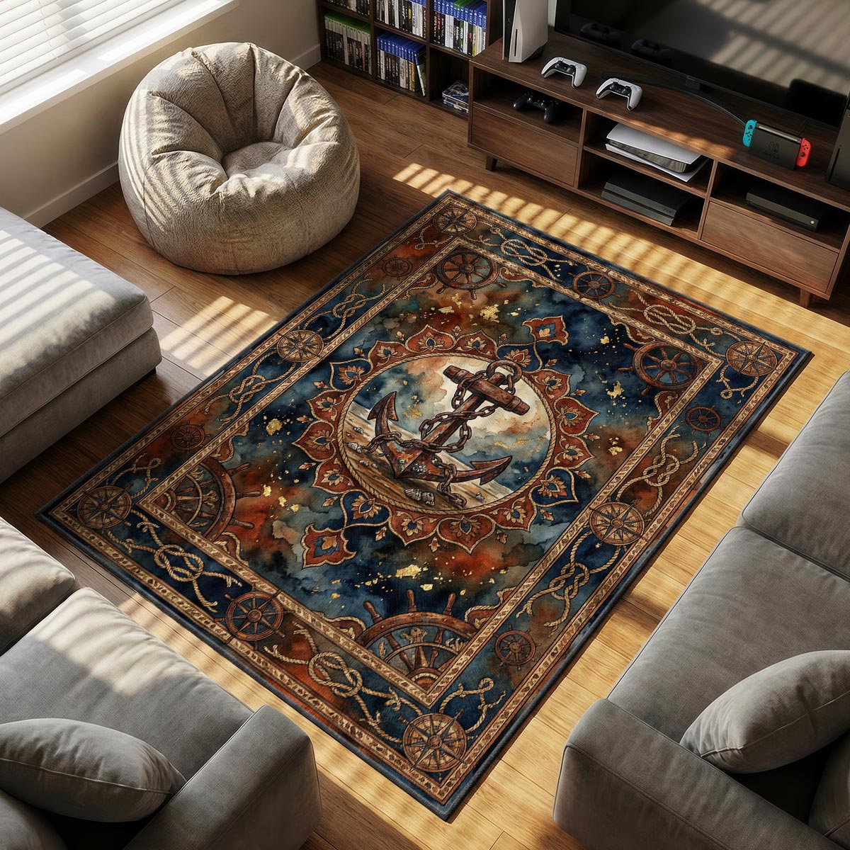 Iron Anchor themed area rug for home decor fans