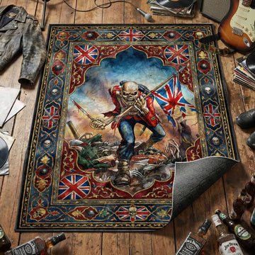 Iron Maiden Eddie Trooper area rug with battlefield scene and skull border on ornate tapestry