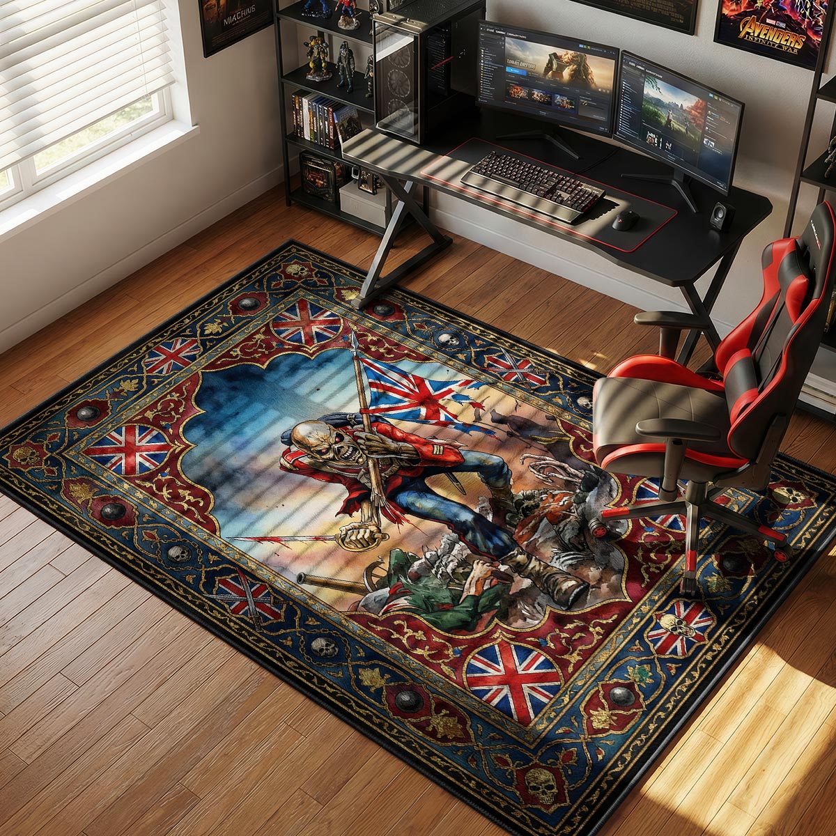 Iron Maiden metal rug placed in a dark bedroom with band posters and industrial style furniture