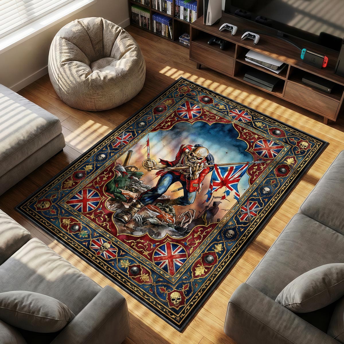 Close-up detail of Iron Maiden rug showing gold filigree border and dye-sublimation print texture