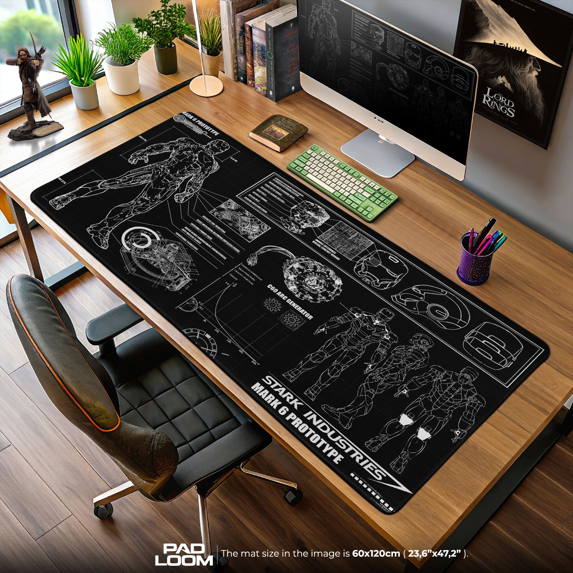 Iron Man Mark 6 Black Blueprint Mouse Pad, Marvel Gamer Desk Mat