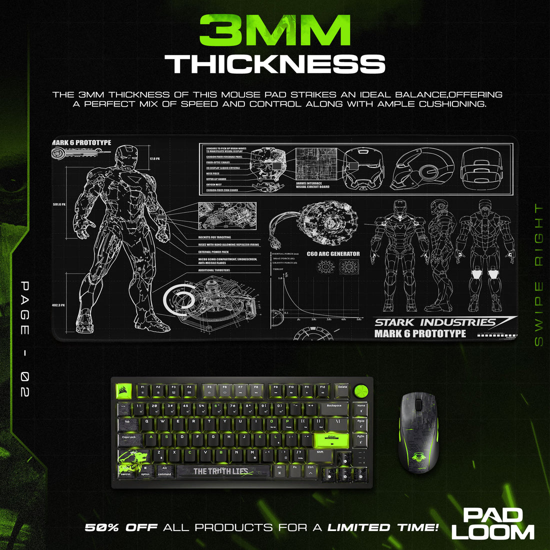 Iron Man Mark 6 Black Blueprint Mouse Pad, Marvel Gamer Desk Mat