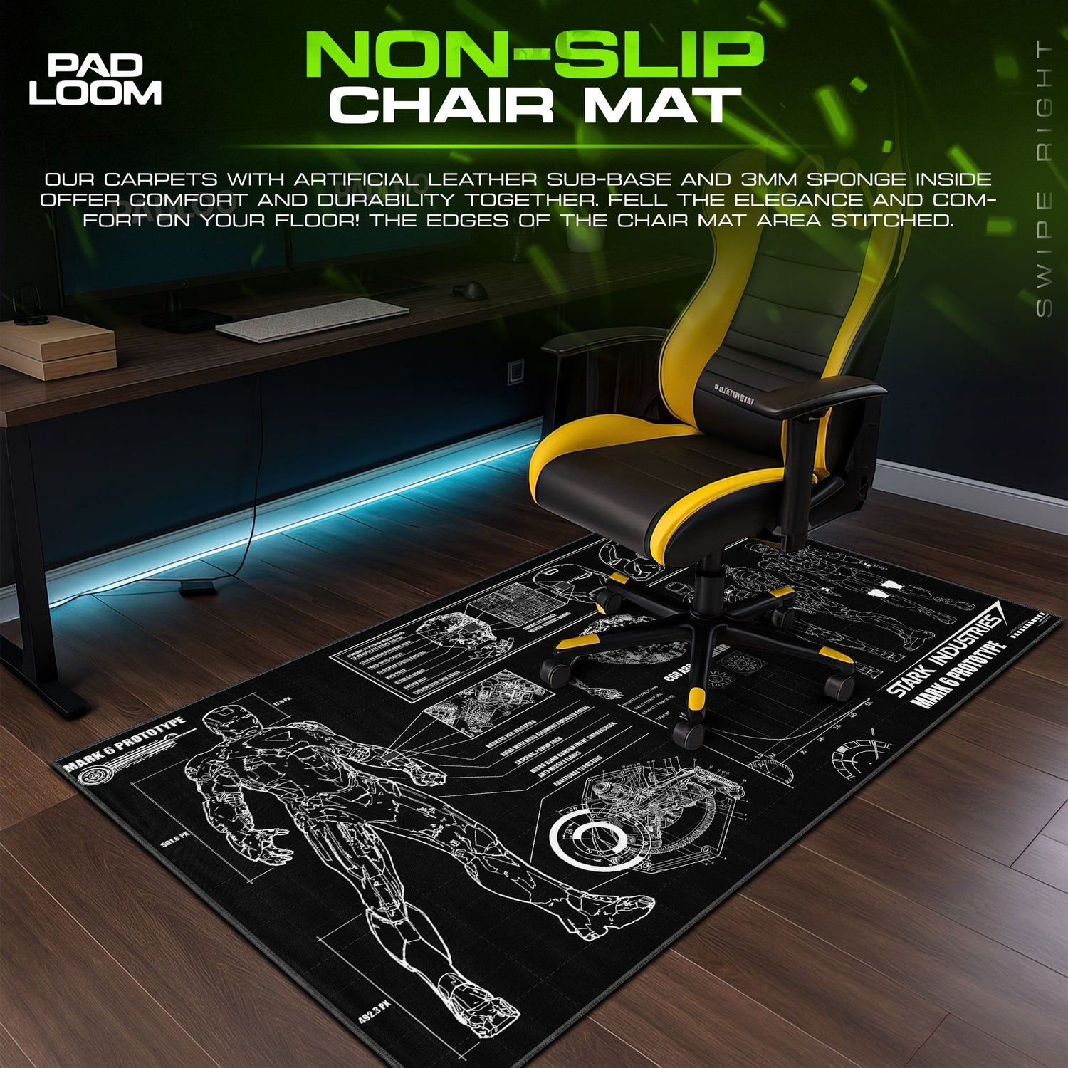 Iron Man Mark 6 Black Blueprint Mouse Pad, Marvel Gamer Desk Mat Padloom