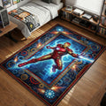 Iron Man flying firing repulsor beam with blue holographic tech interface gaming area rug and floor mat