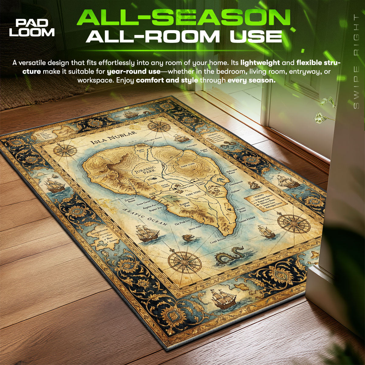 Isla Nublar Map Jurassic Park Room fan rug — premium quality print