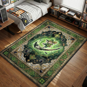 Issun the Poncle artist bouncing on a giant Celestial Brush with musical notes and green clover patterns in sumi-e style gaming area rug and floor mat