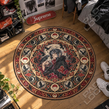 Itachi Crow Naruto round rug on a bedroom floor - Naruto chair mat