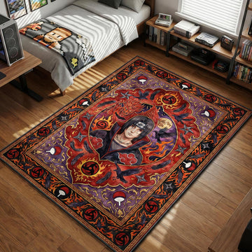 Itachi Uchiha summoning red Susanoo avatar with crows and Uchiha fan crests area rug and floor mat