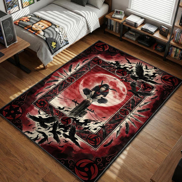 Itachi Uchiha perched on a utility pole against a blood red moon with crows and black flames in a vintage scroll art style rug design with Sharingan borders.
