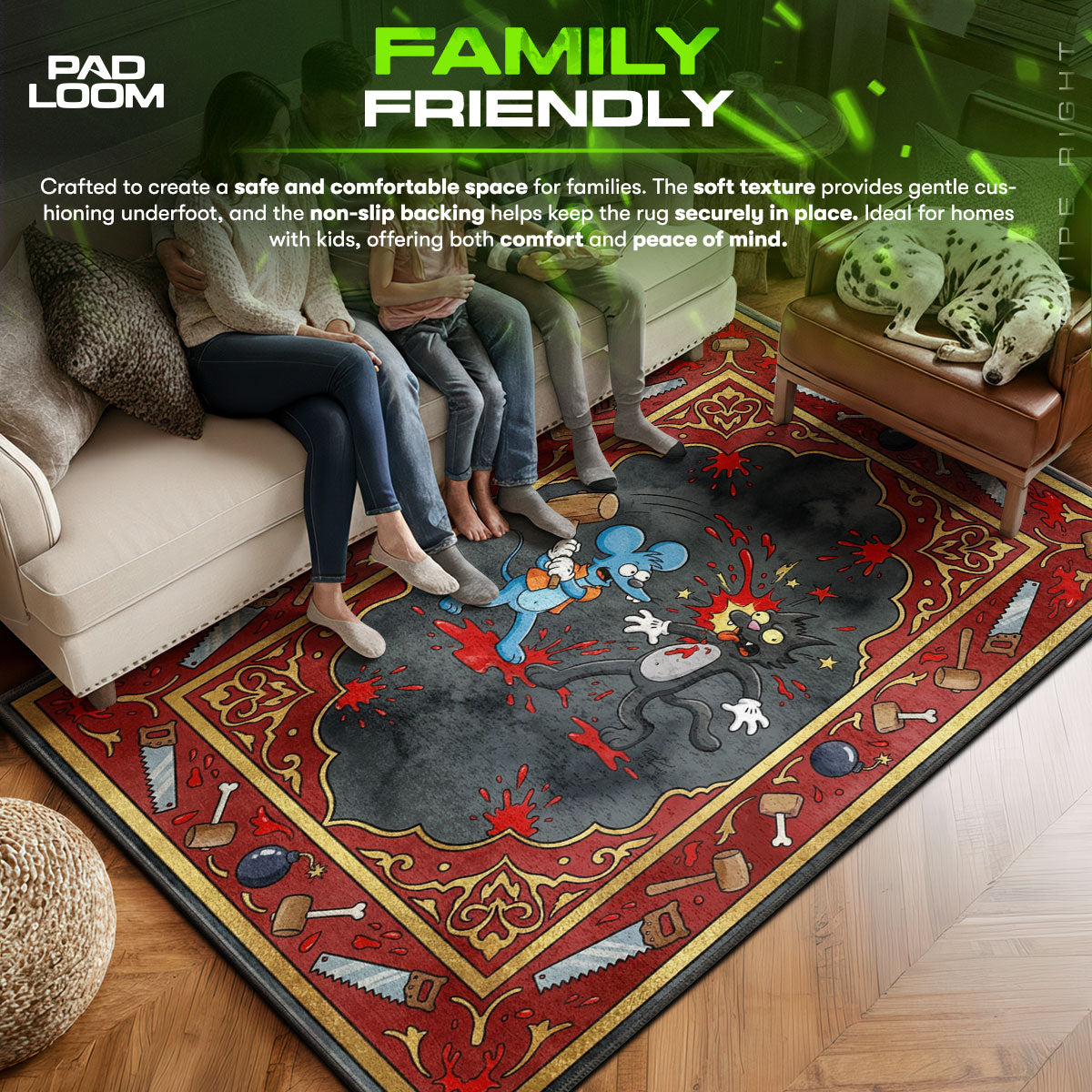 Itchy area rug showing full home decor artwork