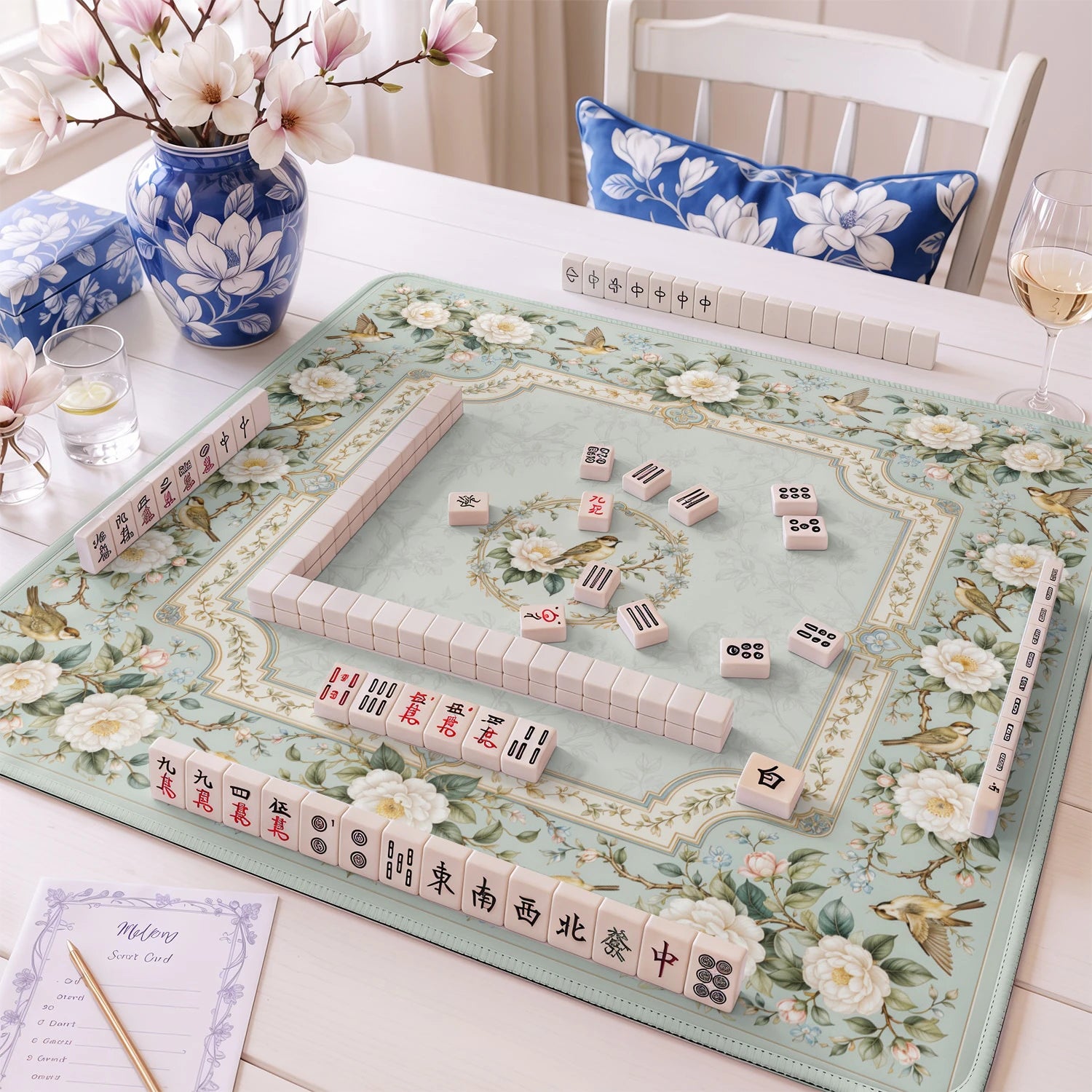 Ivory Camellia mahjong mat – M (60x60 cm) and L (81x81 cm) sizes