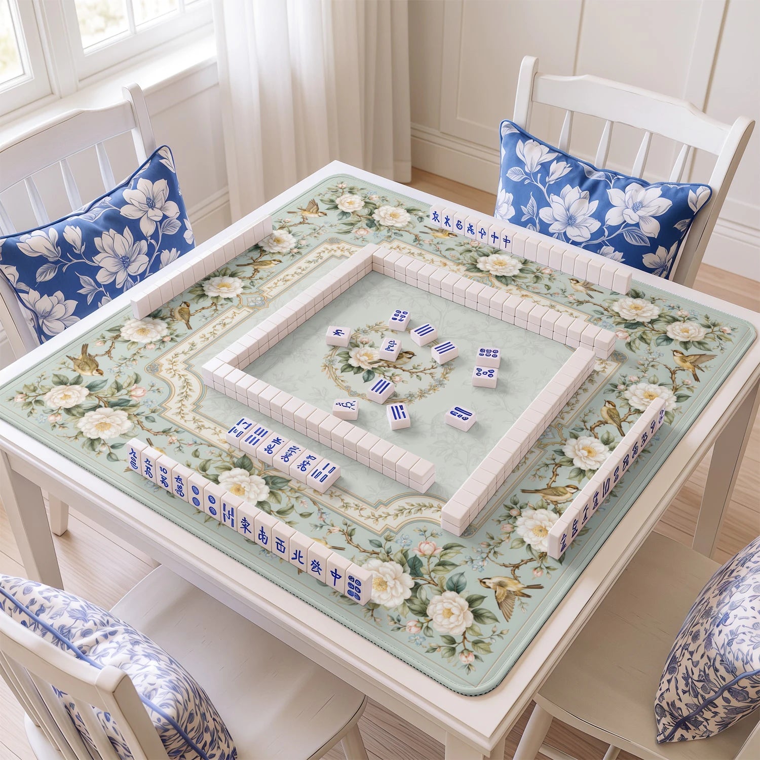 Ivory Camellia mahjong mat with tiles and racks on the table