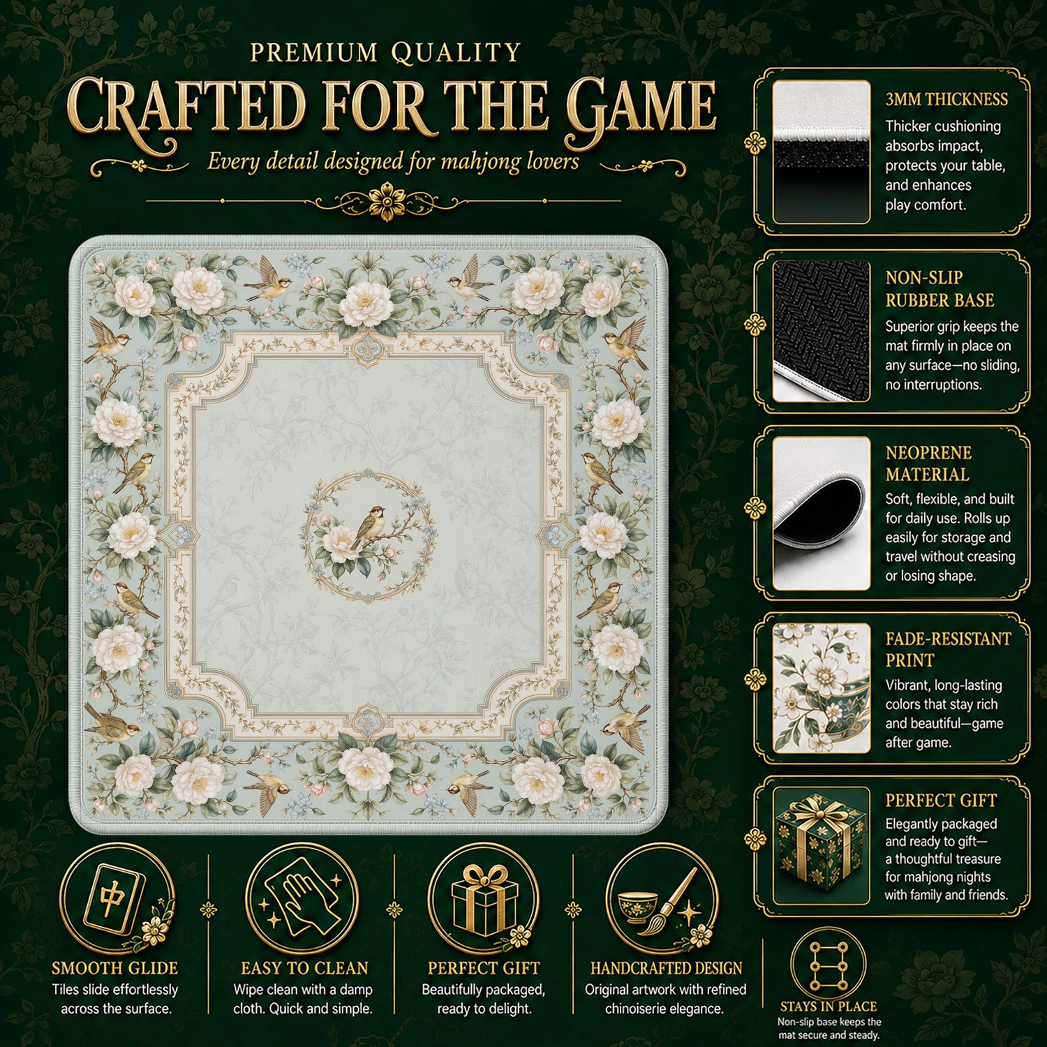 Ivory Camellia Mahjong Mat – neoprene mah jongg table mat