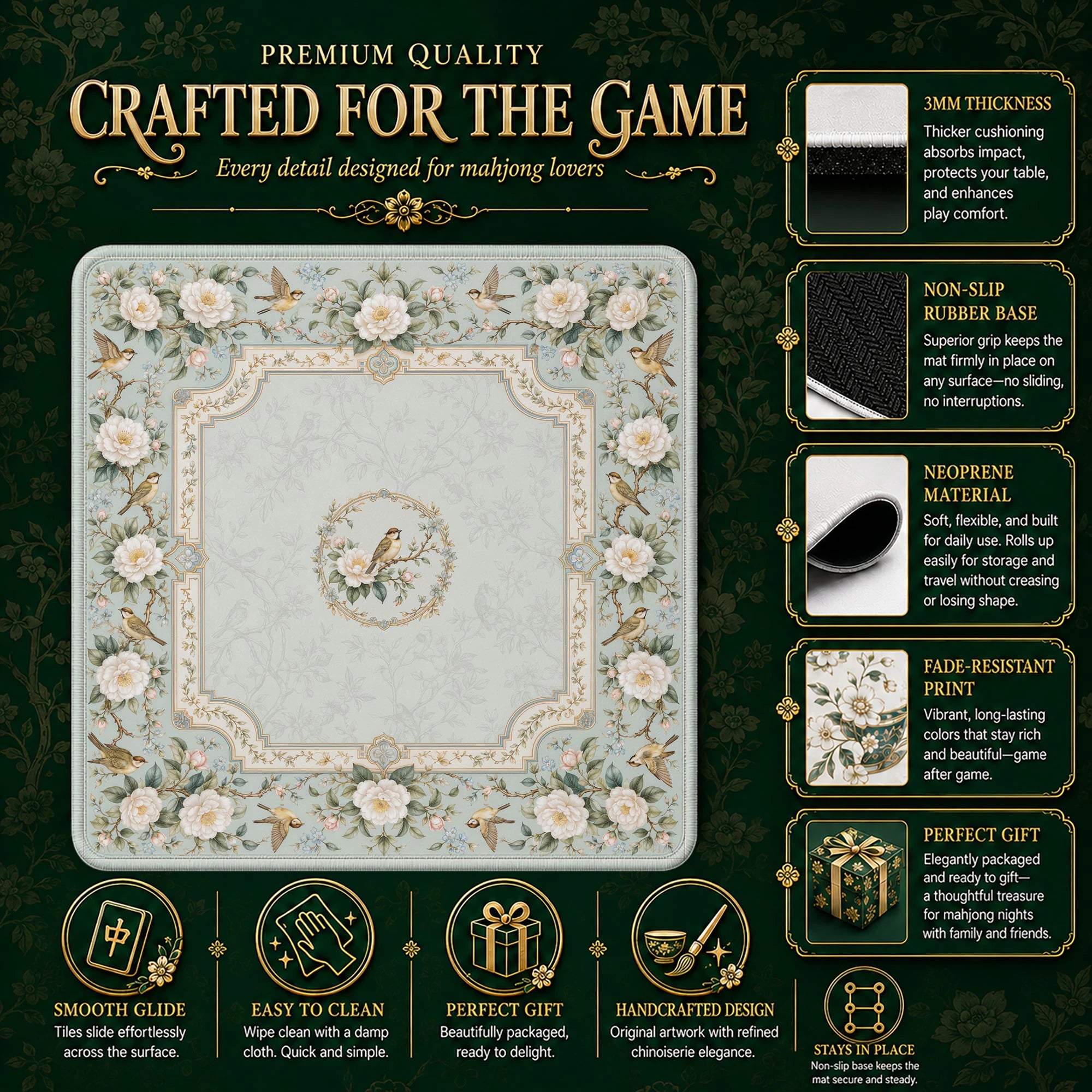 Ivory Camellia Mahjong Mat – neoprene mah jongg table mat