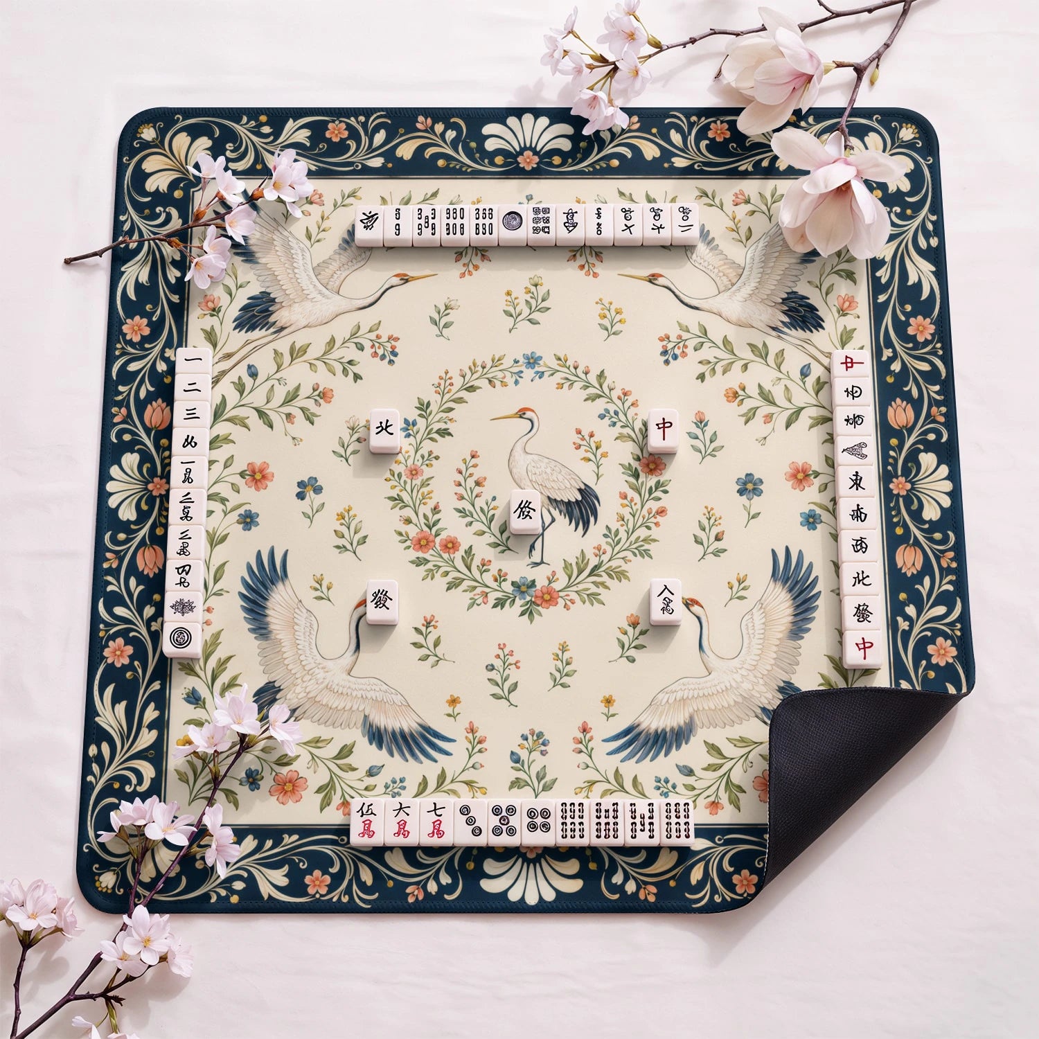 Ivory Crane design close-up on mahjong mat surface