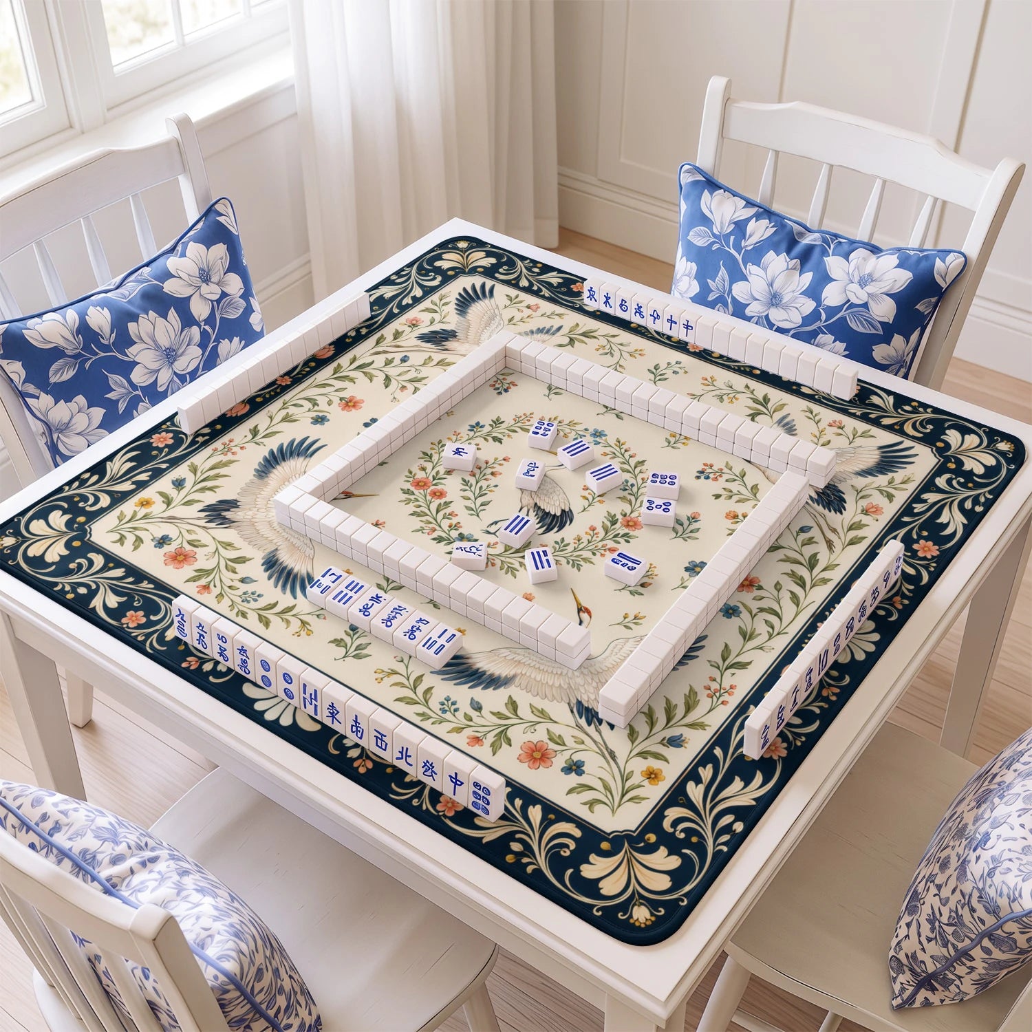 Ivory Crane mahjong mat with tiles and racks on the table
