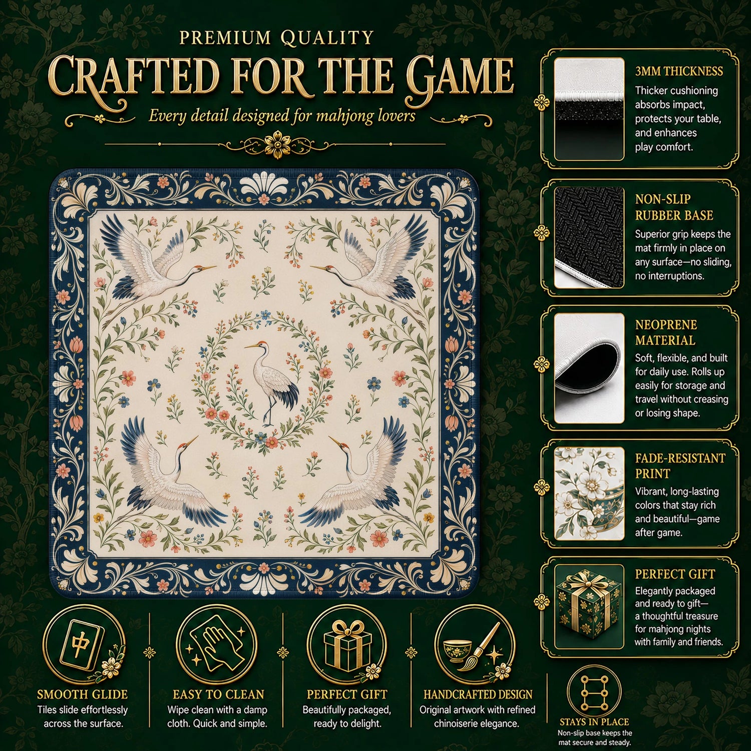 Ivory Crane Mahjong Mat – neoprene mah jongg table mat