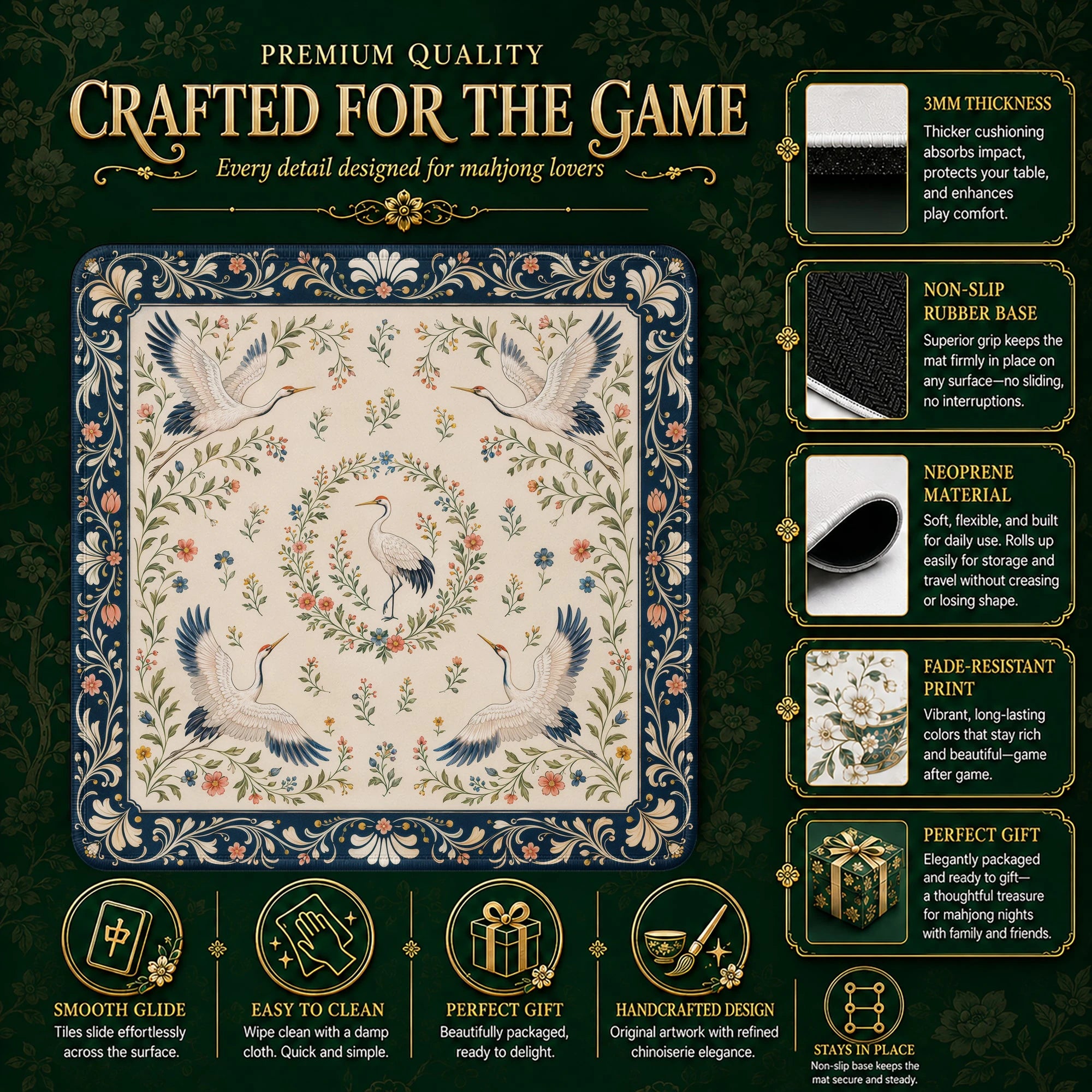 Ivory Crane Mahjong Mat – neoprene mah jongg table mat