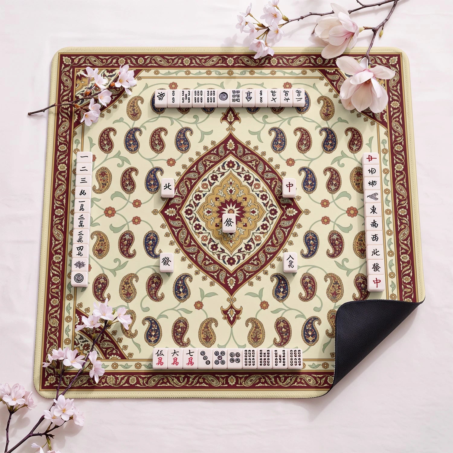 Ivory Paisley Boteh Mahjong Mat - Mah Jongg Mat
