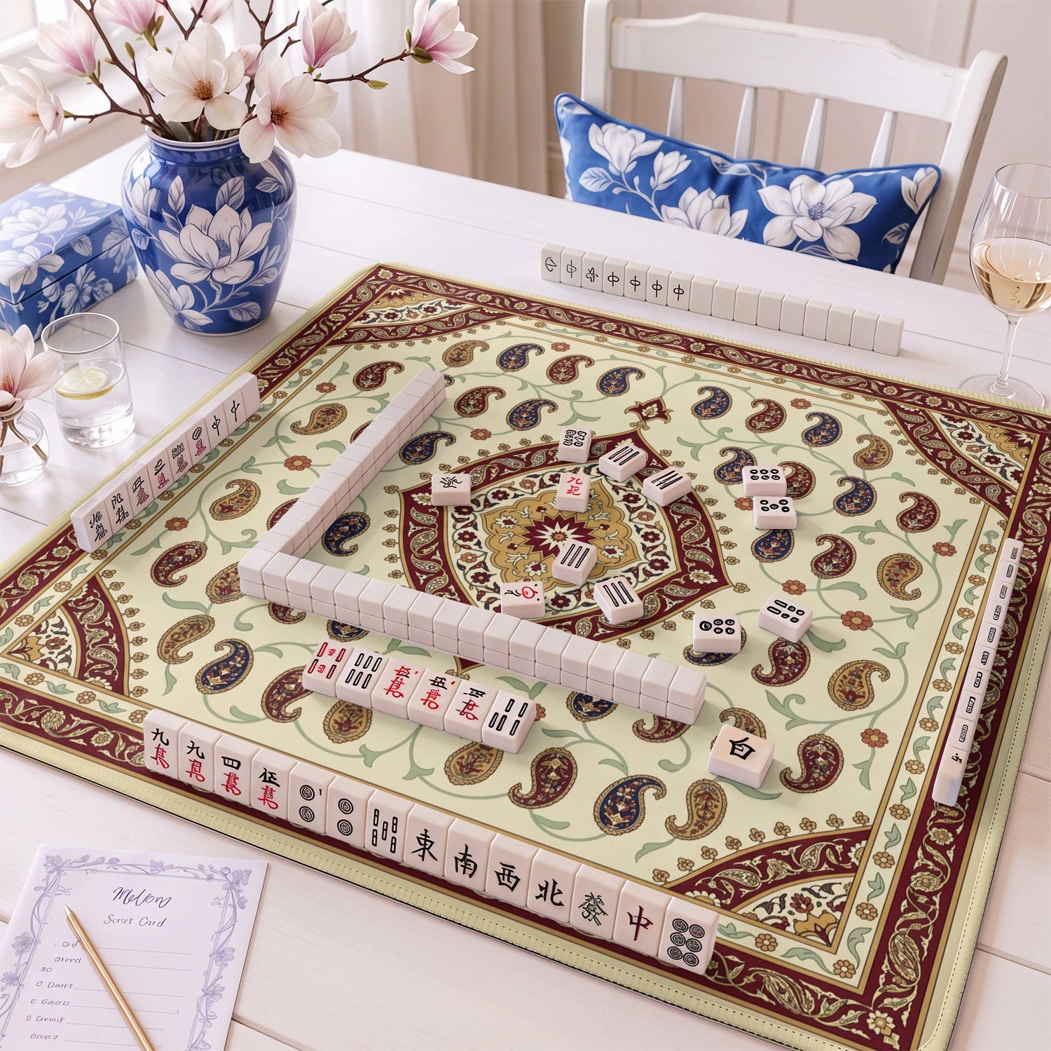 Ivory Paisley Boteh Mahjong Mat - Mah Jongg Mat