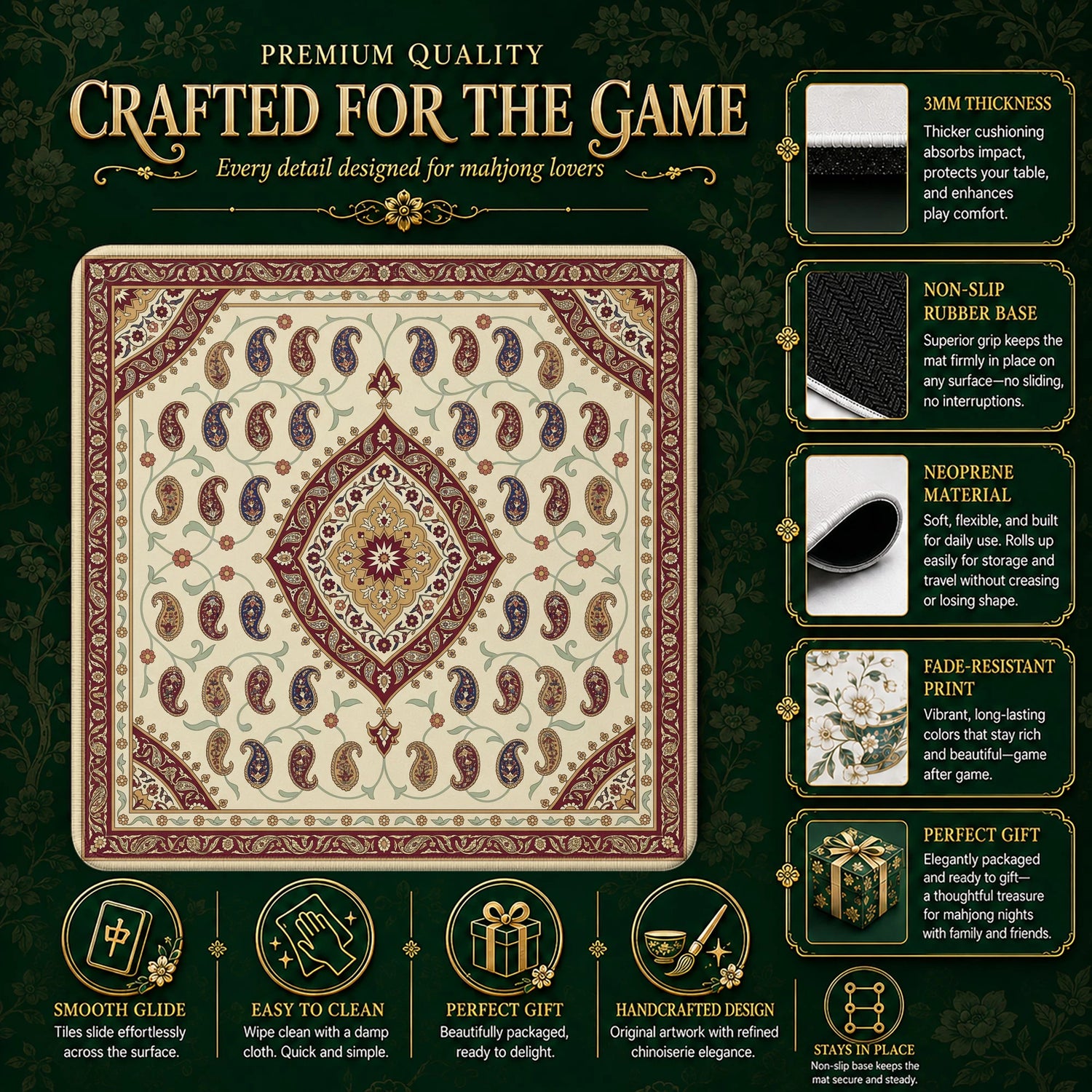 Ivory Paisley Boteh Mahjong Mat - Mah Jongg Mat