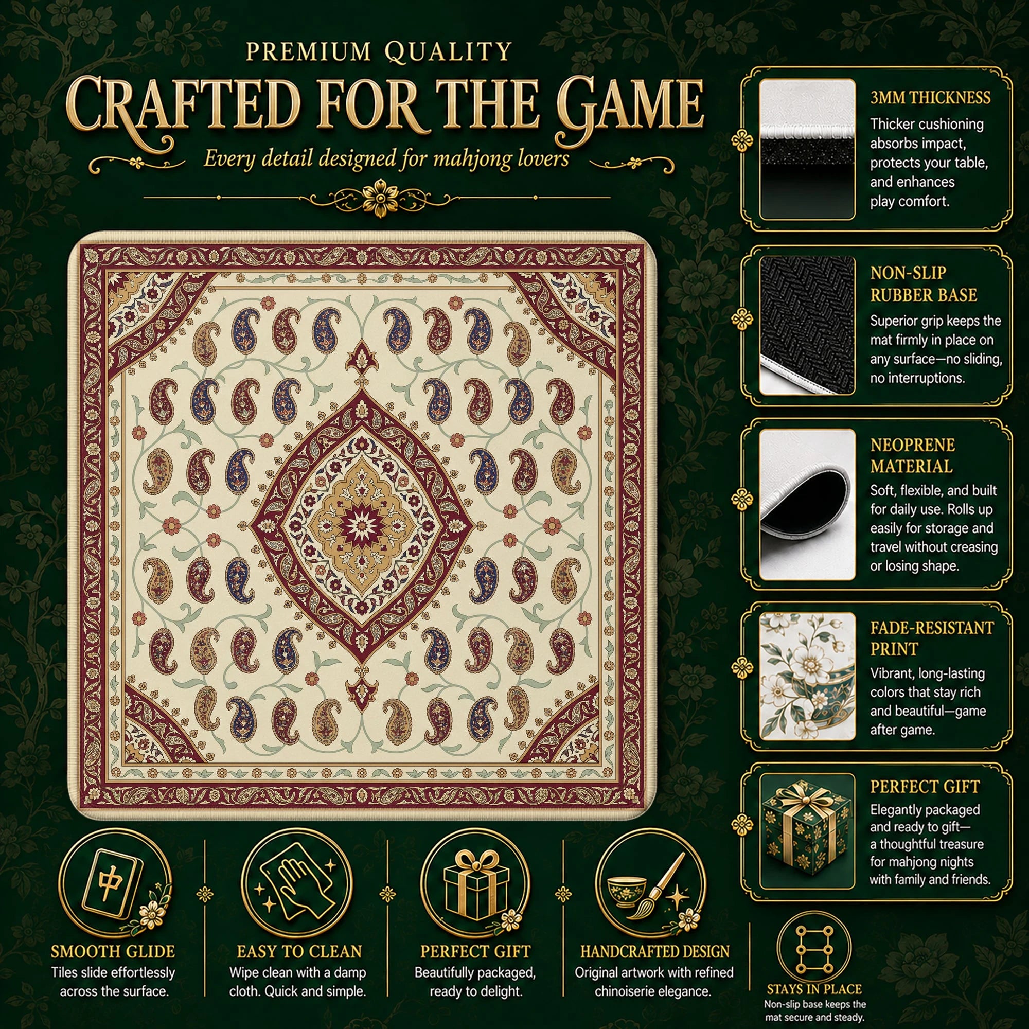 Ivory Paisley Boteh Mahjong Mat - Mah Jongg Mat