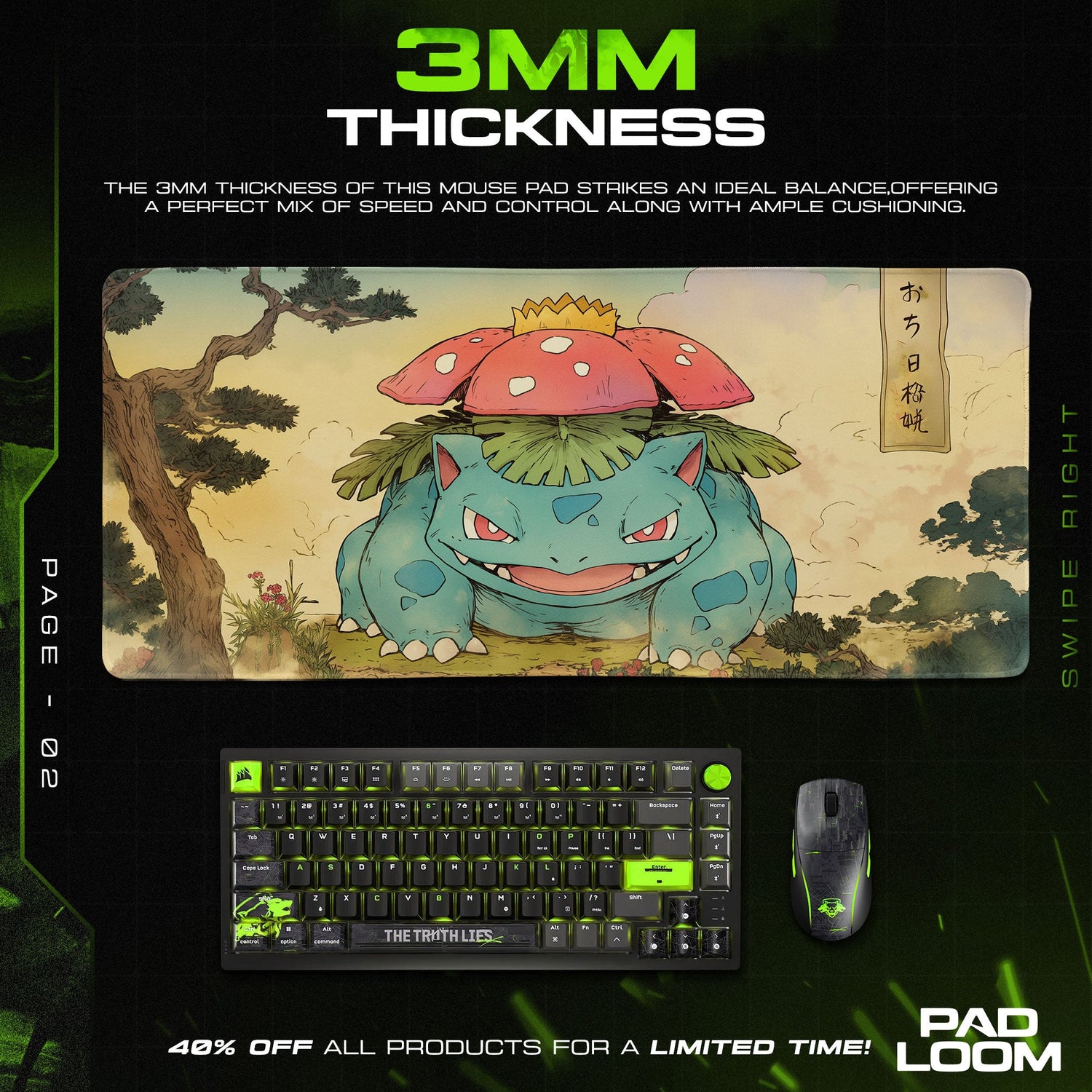 Ivysaur Ukiyo-E Mouse Pad, Pokémon Nature Art Gaming Desk Mat Padloom