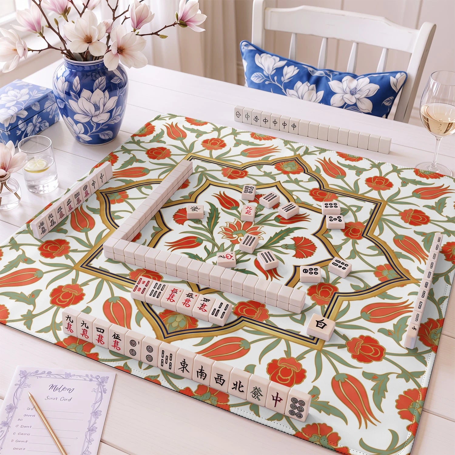 Iznik Tile Floral mahjong mat – M (60x60 cm) and L (81x81 cm) sizes