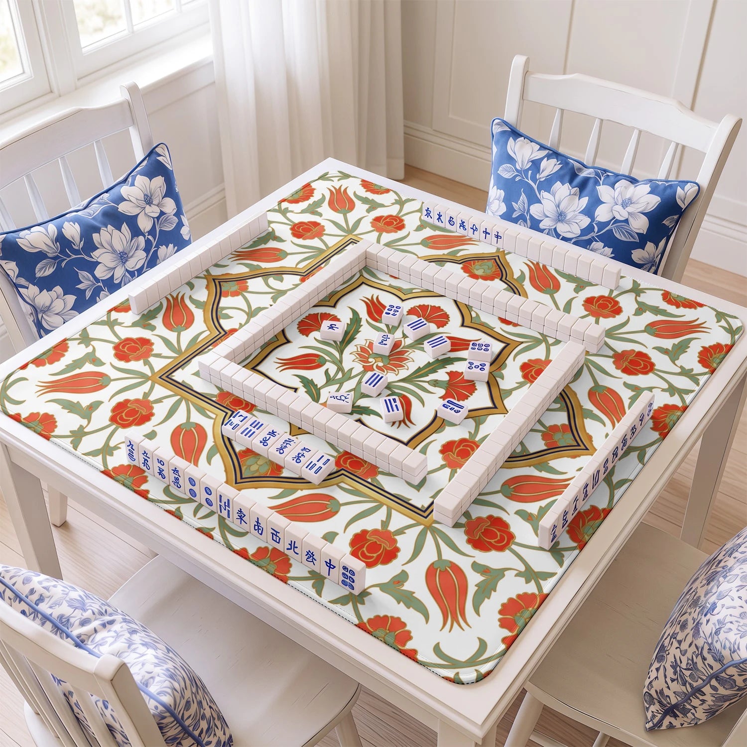 Iznik Tile Floral mahjong mat with tiles and racks on the table
