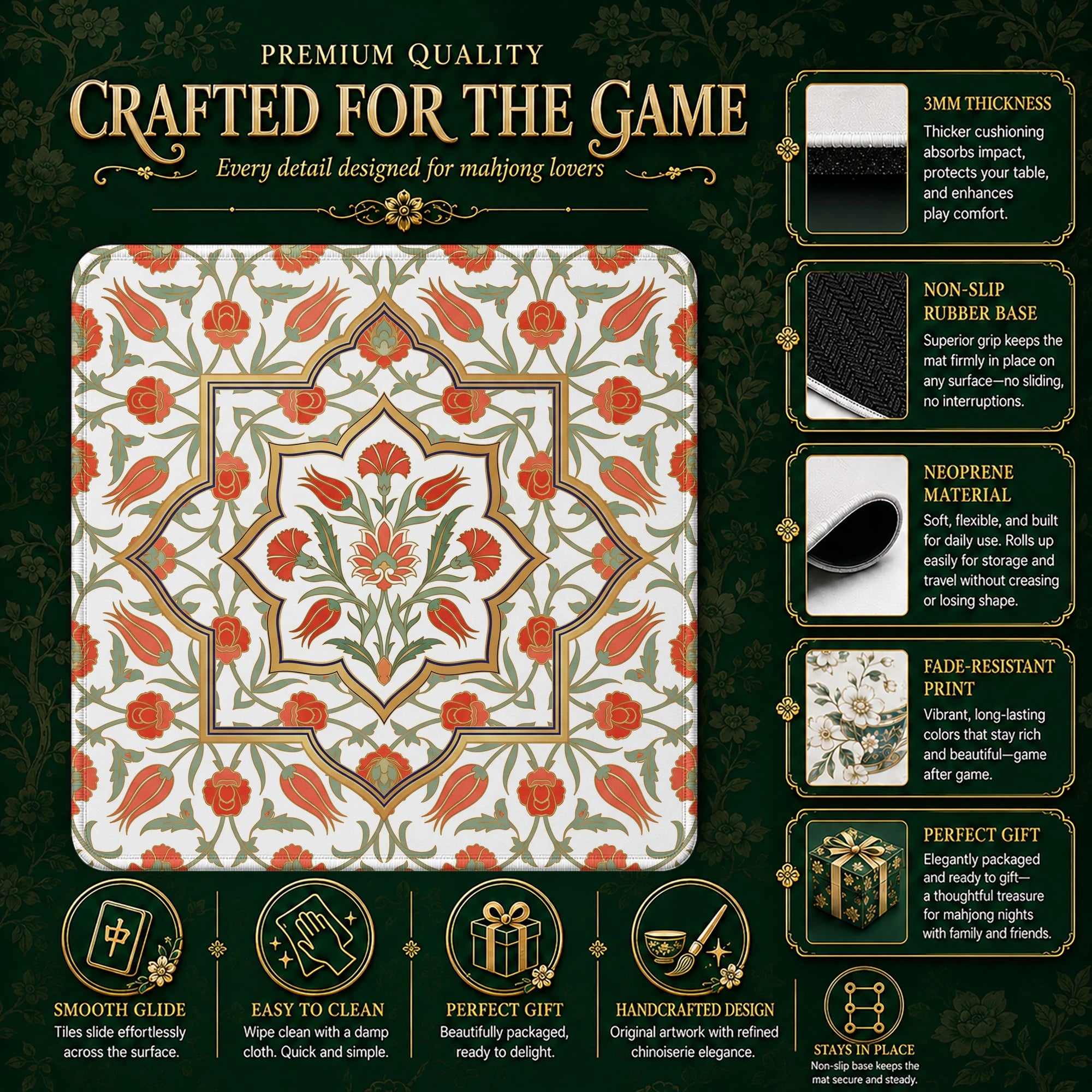 Iznik Tile Floral Mahjong Mat – neoprene mah jongg table mat